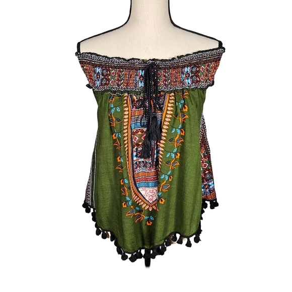 Midnight Sky Juniors Bohemian Style Off The Shoulder Blouse, Green/Multi, Large - Picture 2 of 11